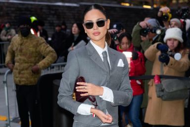 Eiza Gonzalez arrives at the Thom Browne Fashion Show on February 11, 2025 in New York City.